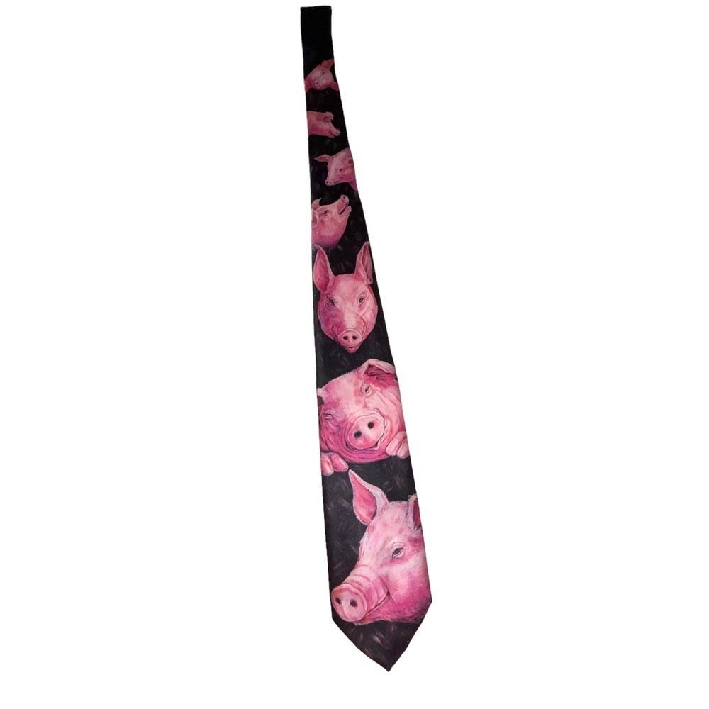 Ralph Marlin “The Pig” Men’s Neck Tie Vintage 1998 Pink Black Whimsical Neck Tie